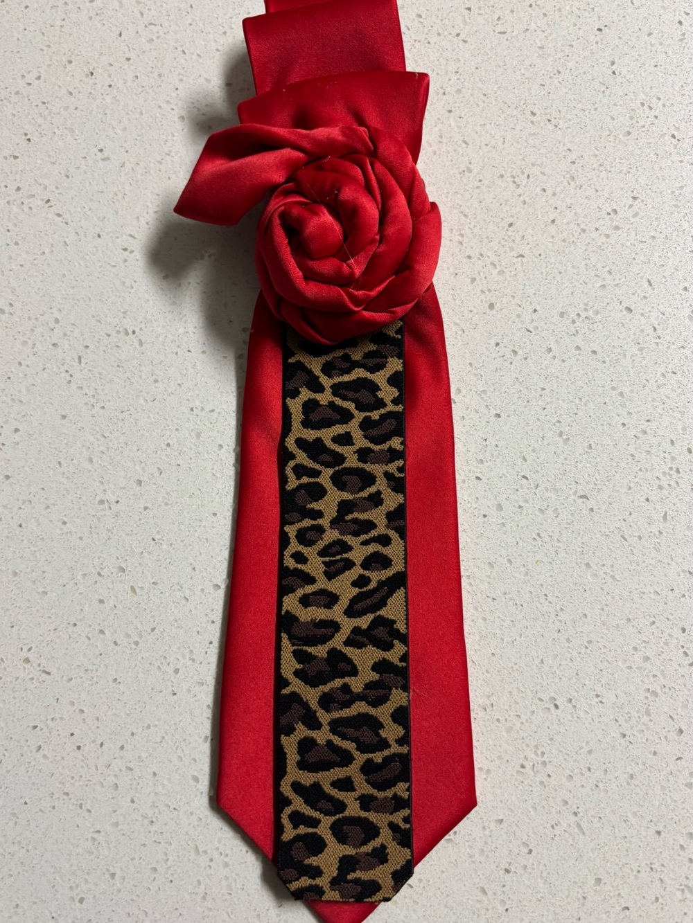 Red Satin Hair Scarf Tie with Leopard Center Accent